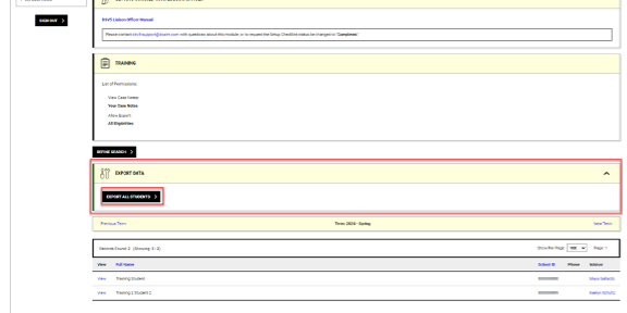 Export data screenshot A screenshot showing how to export a list of student accommodations